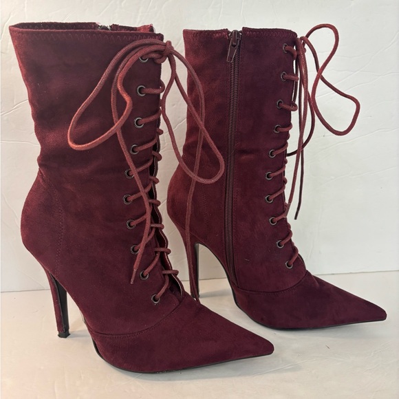 FASHION NOVA Burgundy Suede Lace-Up Stiletto Boots Size 6.5 - Picture 2 of 10